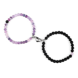 Bracelets pour Couples Gourmette Magnétique Perles violet et noir