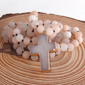 Chapelet Croix Collier Pendentif en Pierres Naturelles beige