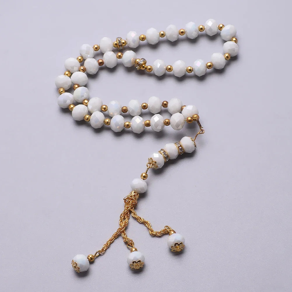 Elegant muslimsk bedekæde - Islamisk Tasbih med 33 hvide og gyldne perler