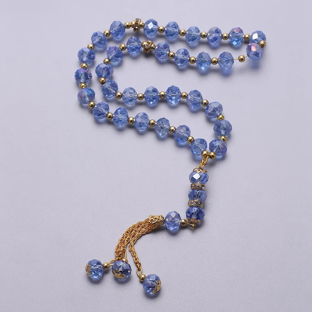 Elegant muslimsk bedekæde - Islamisk Tasbih med 33 blå og gyldne perler