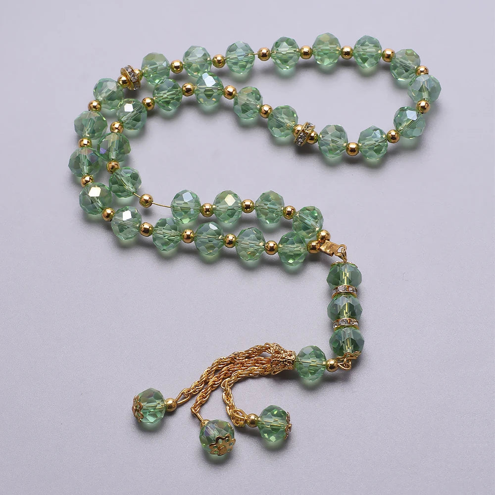 Elegant muslimsk bedekæde - Islamisk Tasbih med 33 jadegrønne og gyldne perler