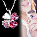 Collier avec grand pendentif trèfle à quatre coeurs en cristaux colorés rose