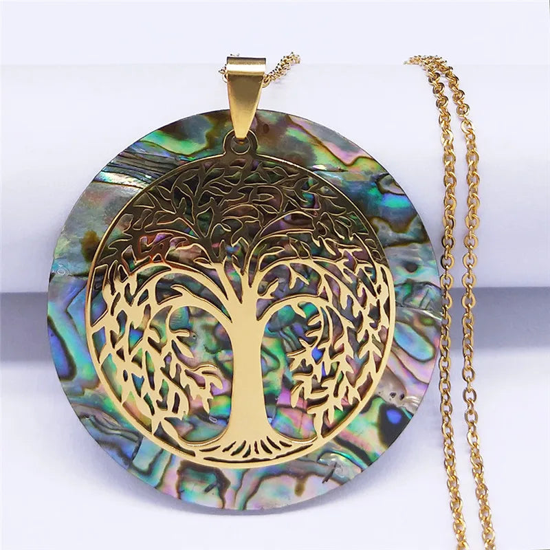 Collier avec pendentif arbre de vie en résine effet nacre 