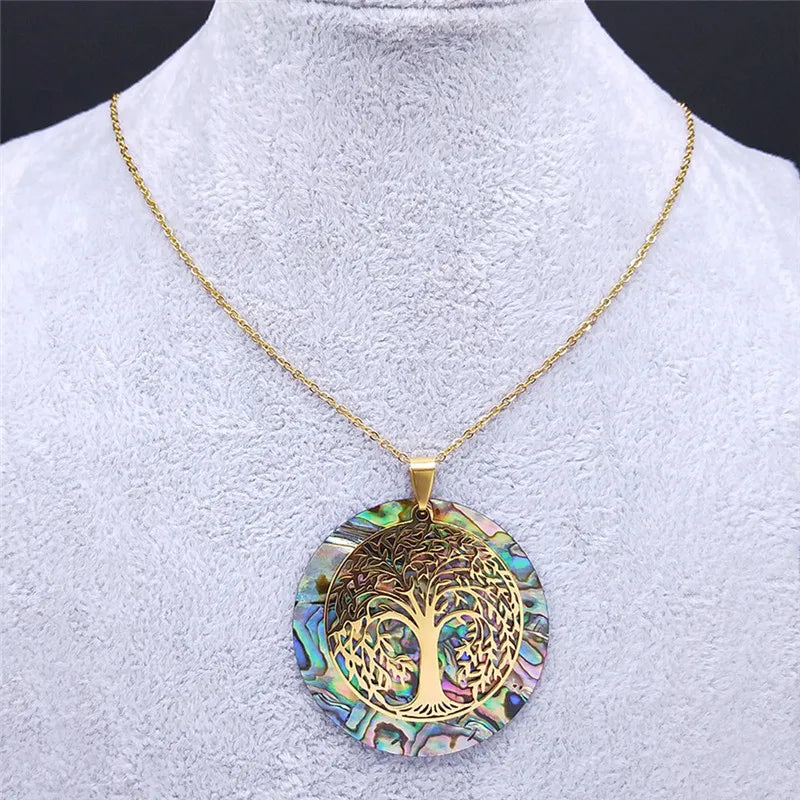 Collier avec pendentif arbre de vie en résine effet nacre 
