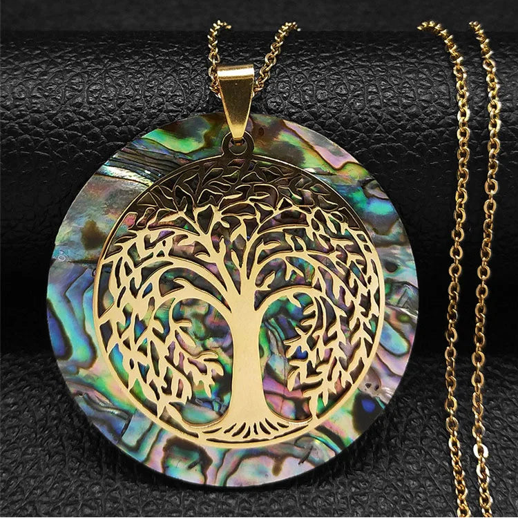 Collier avec pendentif arbre de vie en résine effet nacre 