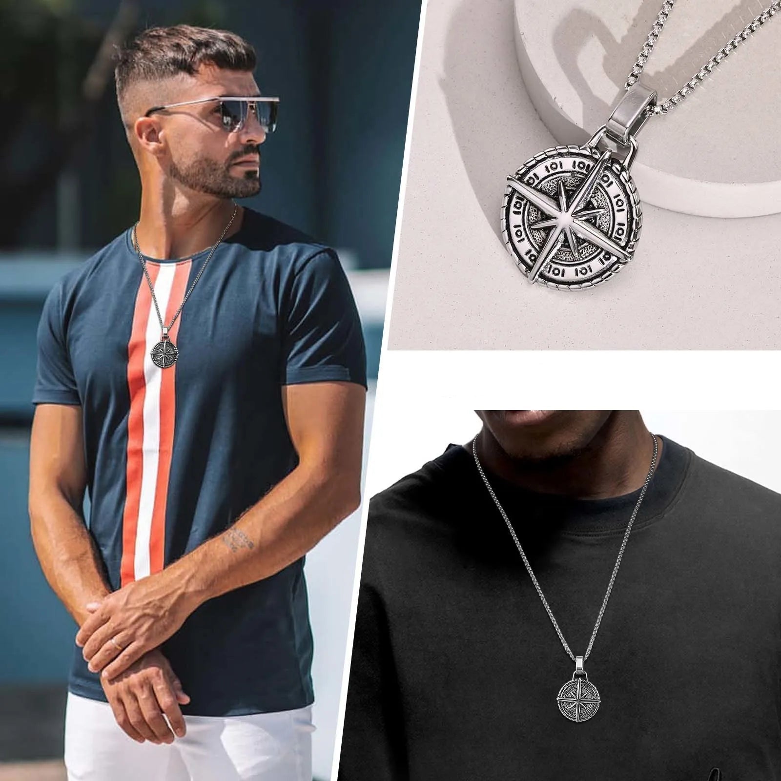 Collier avec Pendentif Boussole Rose des Vents pour Homme argent