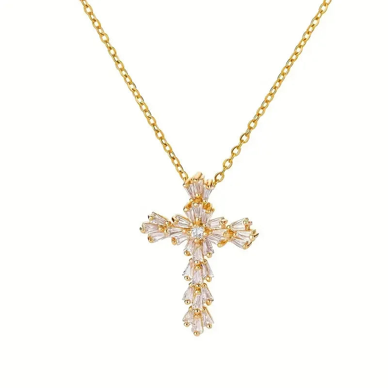Collier avec pendentif croix cristaux or