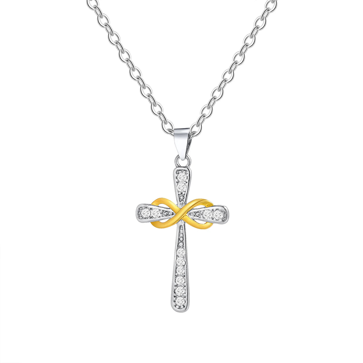 Collier avec pendentif croix et symbole infini bicolore