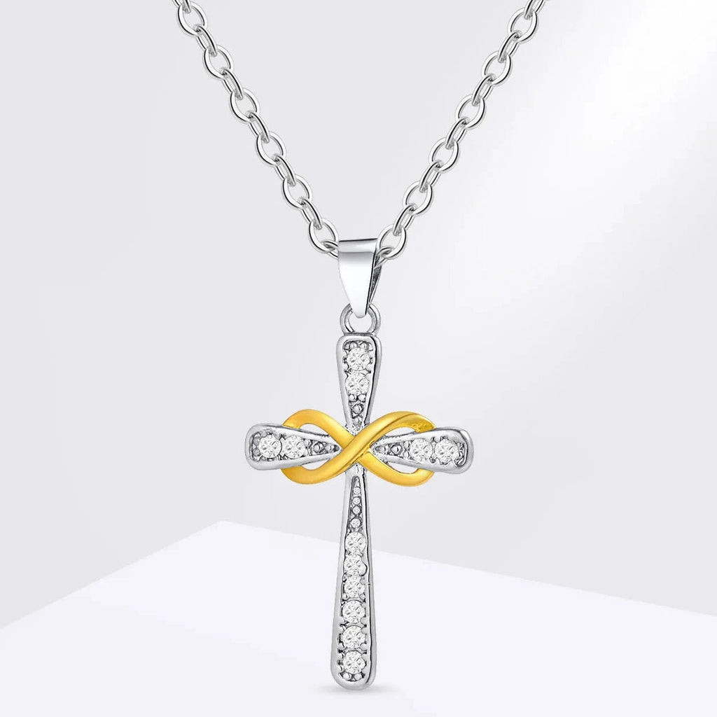 Collier avec pendentif croix et symbole infini bicolore