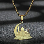 Collier avec pendentif d'une mosquée sur croissant de lune arabe islam musulman or