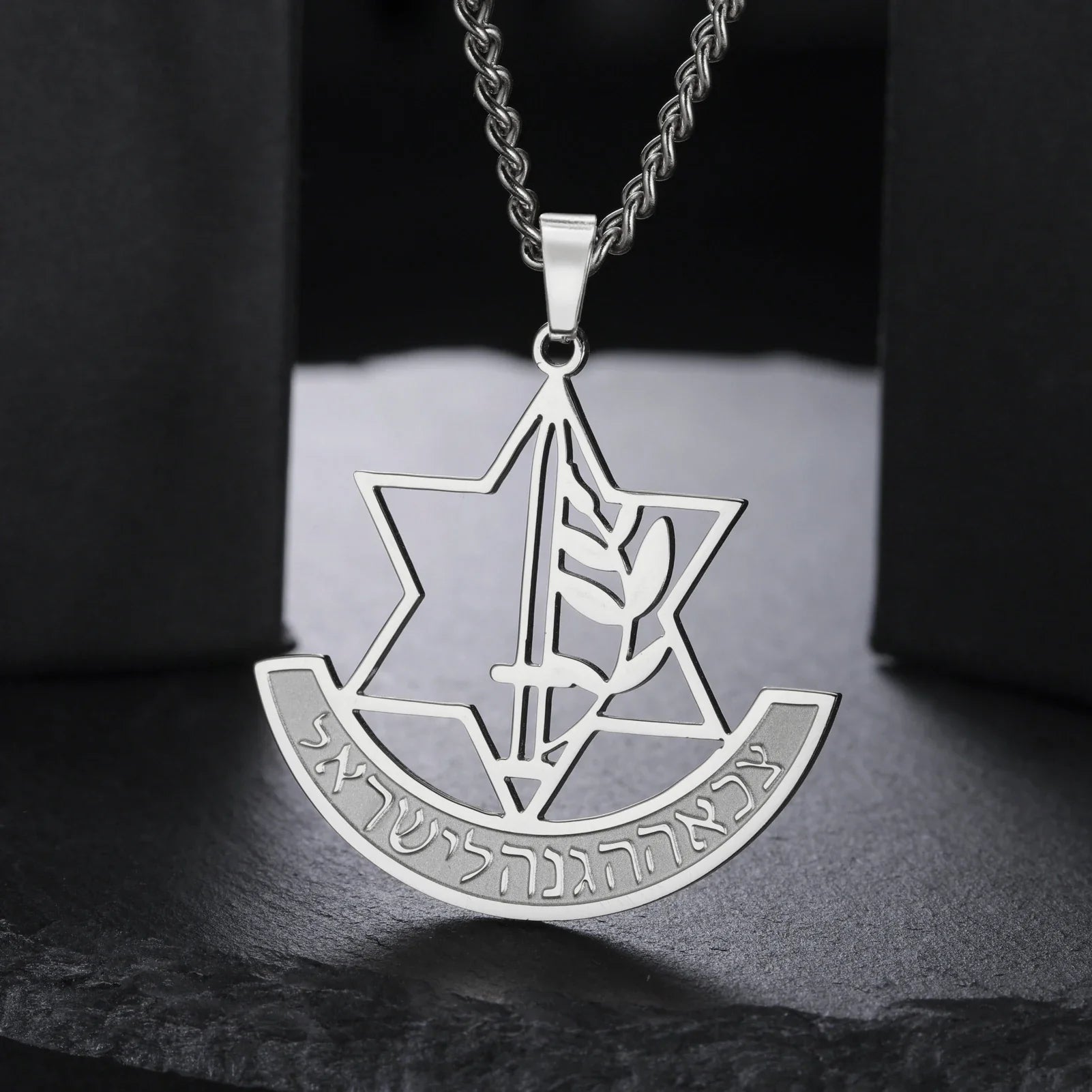 Collier avec pendentif de l'étoile de David et fleur de lis symbolique juive argent