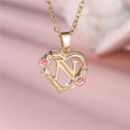 Necklace with heart and flowers initial pendant n