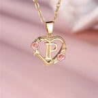Necklace with heart and flowers initial pendant p