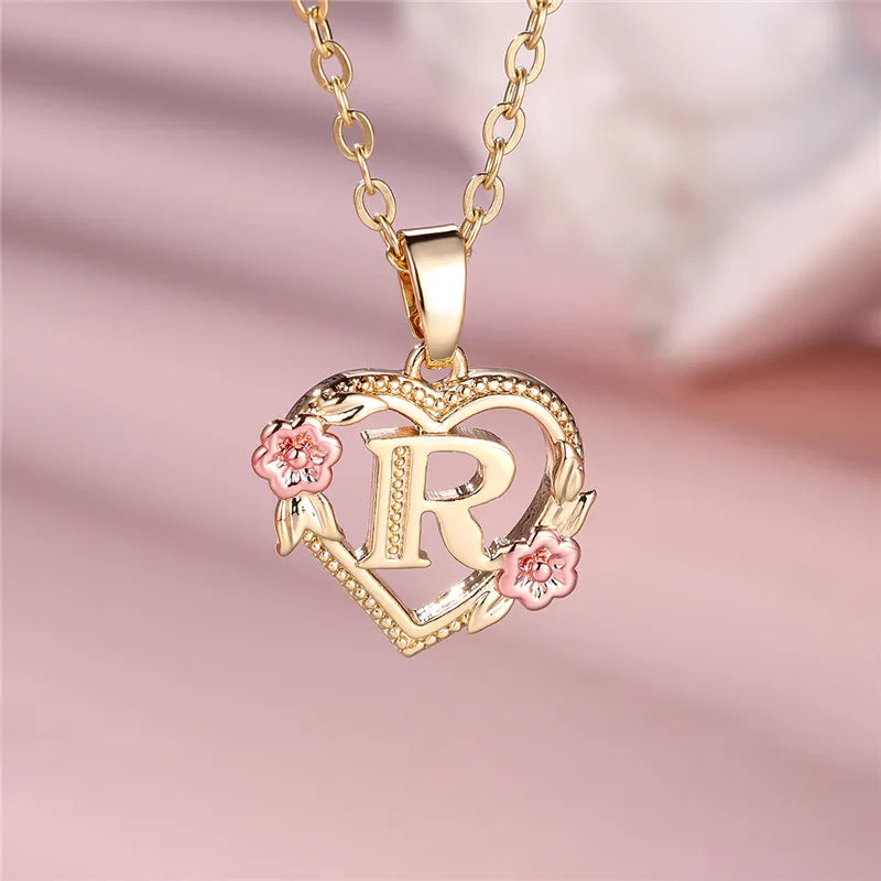 Necklace with heart and flowers initial pendant r