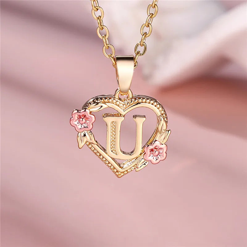 Necklace with heart and flowers initial pendant u