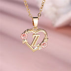 Necklace with heart and flowers initial pendant z