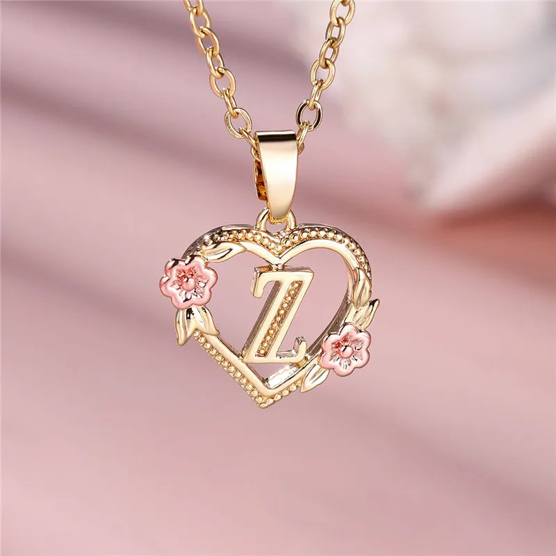 Necklace with heart and flowers initial pendant z
