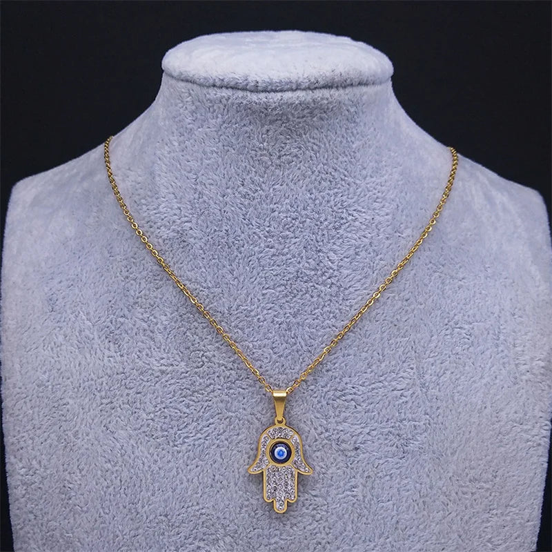 Long necklace with pendant for protection against the evil <span data-glossary-id="oeil">eye</span> and Arabic Fatma's hand