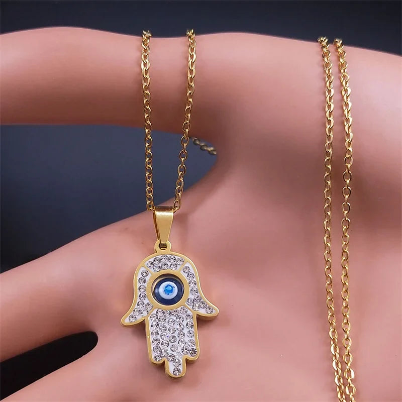 Long necklace with pendant for protection against the evil <span data-glossary-id="oeil">eye</span> and Arabic Fatma's hand gold