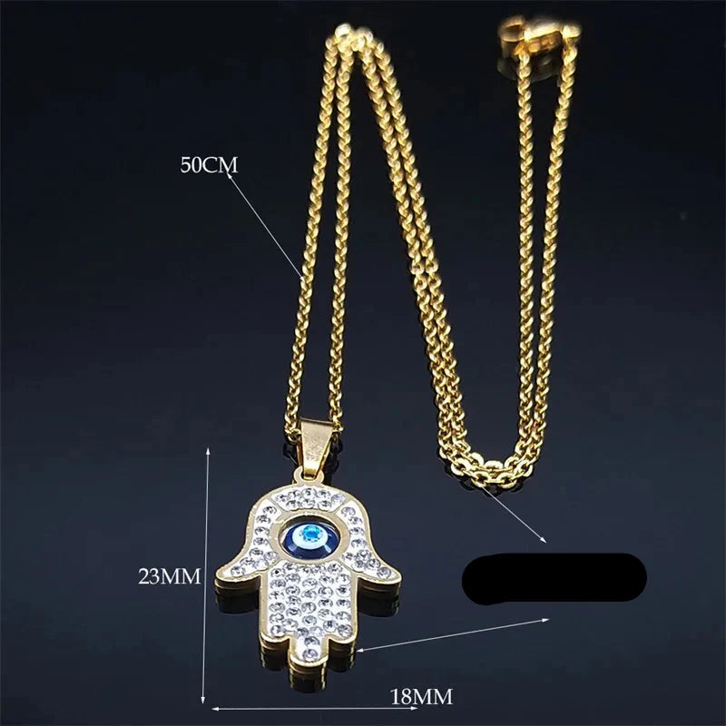 Long necklace with pendant for protection against the evil <span data-glossary-id="oeil">eye</span> and Arabic Fatma's hand