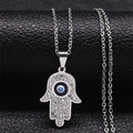 Long necklace with pendant for protection against the evil <span data-glossary-id="oeil">eye</span> and Arabic Fatma's hand silver
