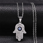 Long necklace with pendant for protection against the evil <span data-glossary-id="oeil">eye</span> and Arabic Fatma's hand silver