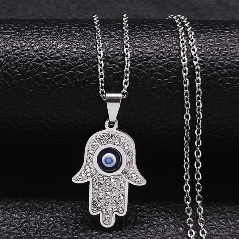Long necklace with pendant for protection against the evil <span data-glossary-id="oeil">eye</span> and Arabic Fatma's hand silver