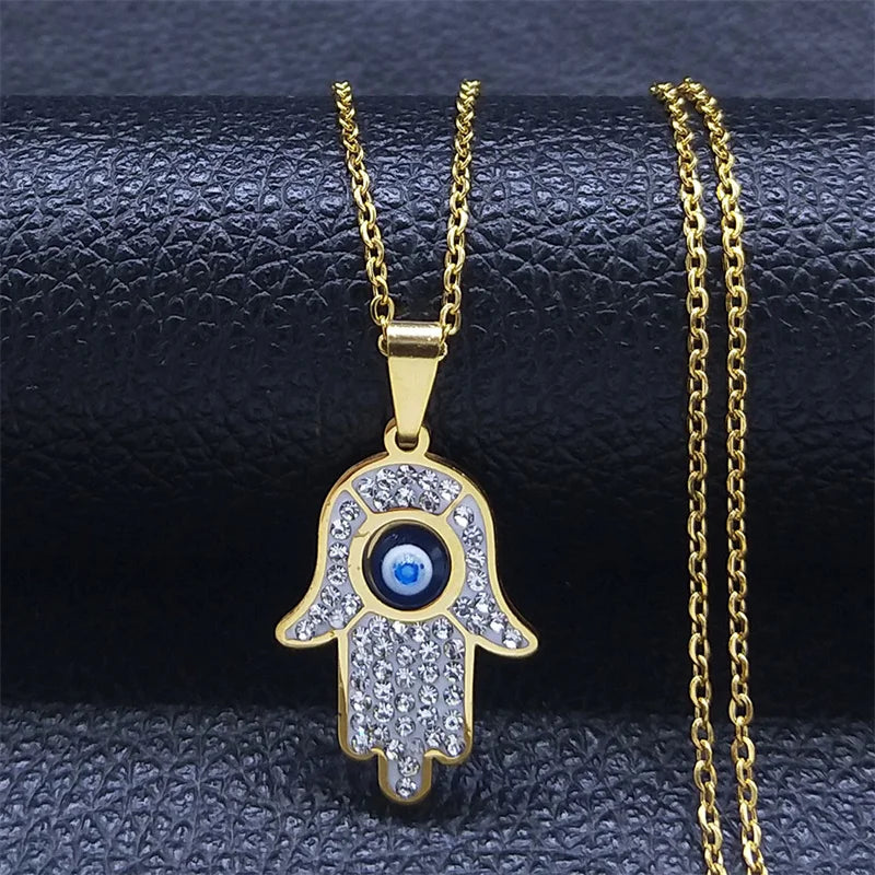 Long necklace with pendant for protection against the evil <span data-glossary-id="oeil">eye</span> and Arabic Fatma's hand gold