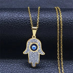 Long necklace with pendant for protection against the evil <span data-glossary-id="oeil">eye</span> and Arabic Fatma's hand gold