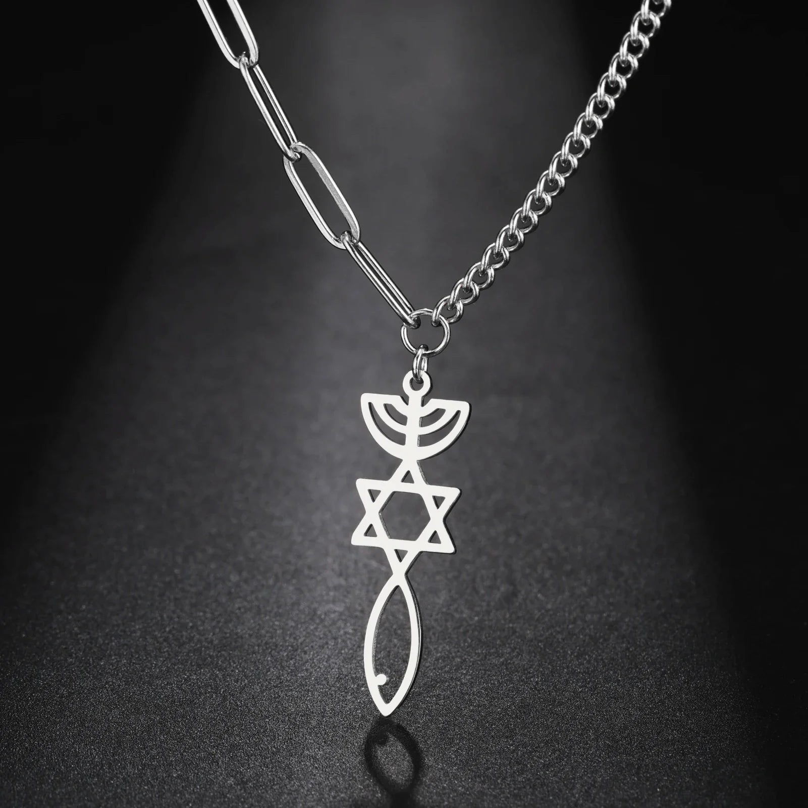 Collana con ciondolo Menorah Messianica e Stella di David argento