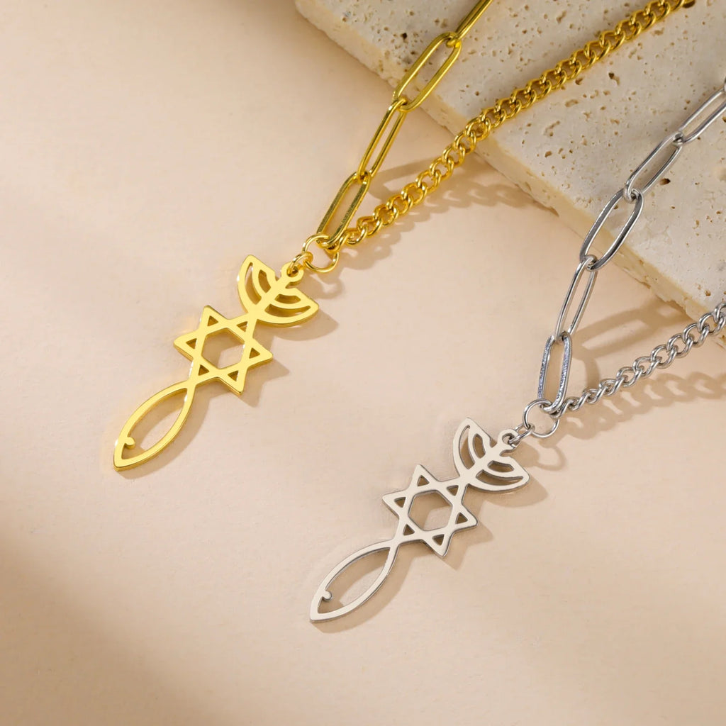 Collana con ciondolo Menorah Messianica e Stella di David oro