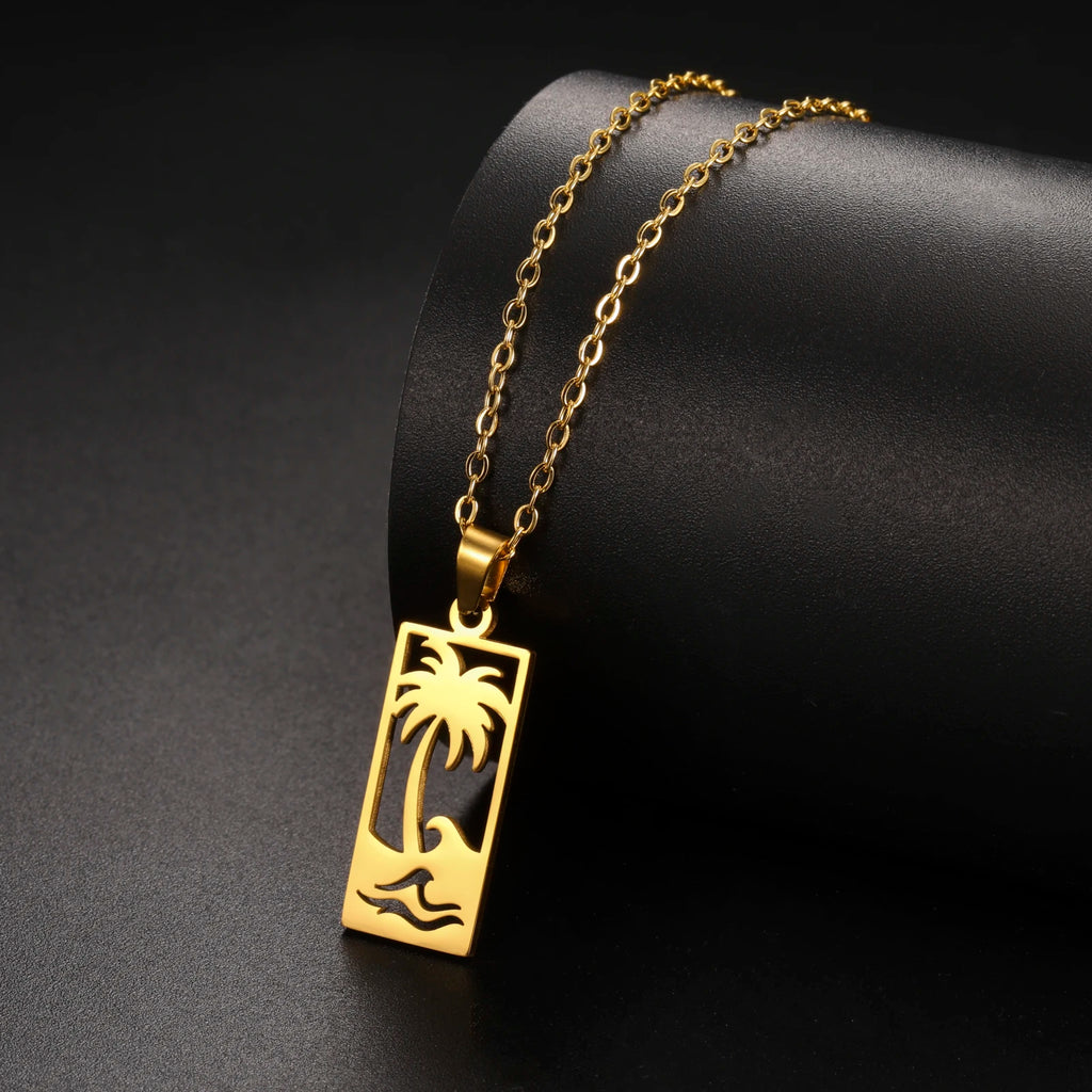 Halskette mit Palmen- und Strandwellen-Anhänger, Gold