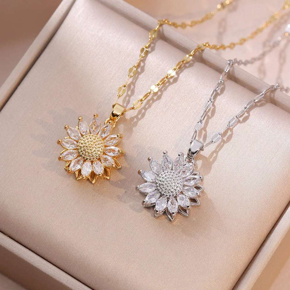 Collier avec Pendentif Rotatif Fleur en Zircon contre l'Anxiété or