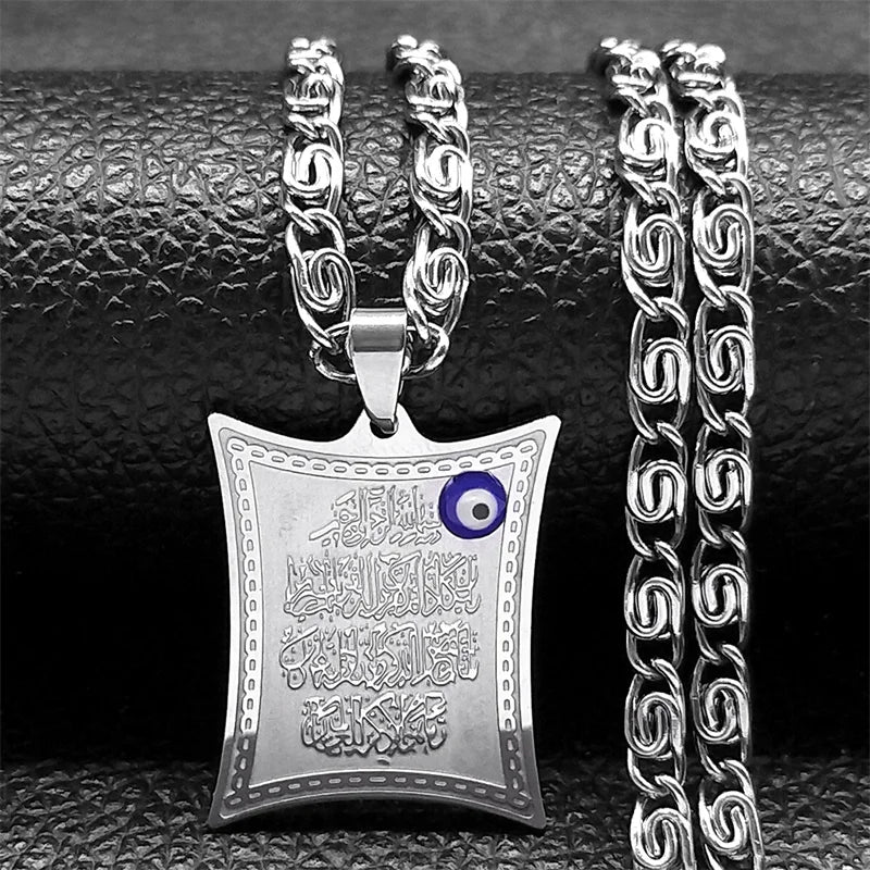 Dolga ogrlica z obeskom amulet Ayatul Kursi arabski islam musliman srebro