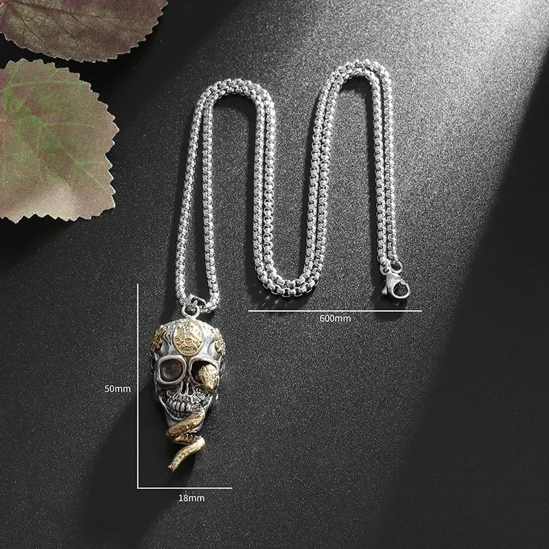 Necklace with symbolic skull and snake pendant