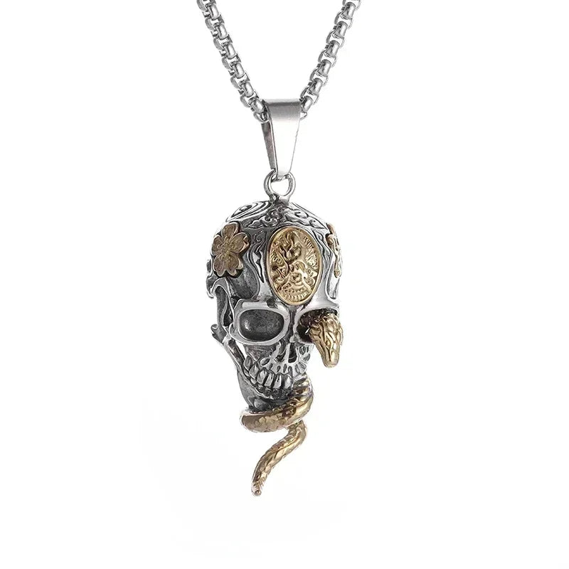 Necklace with symbolic skull and snake pendant