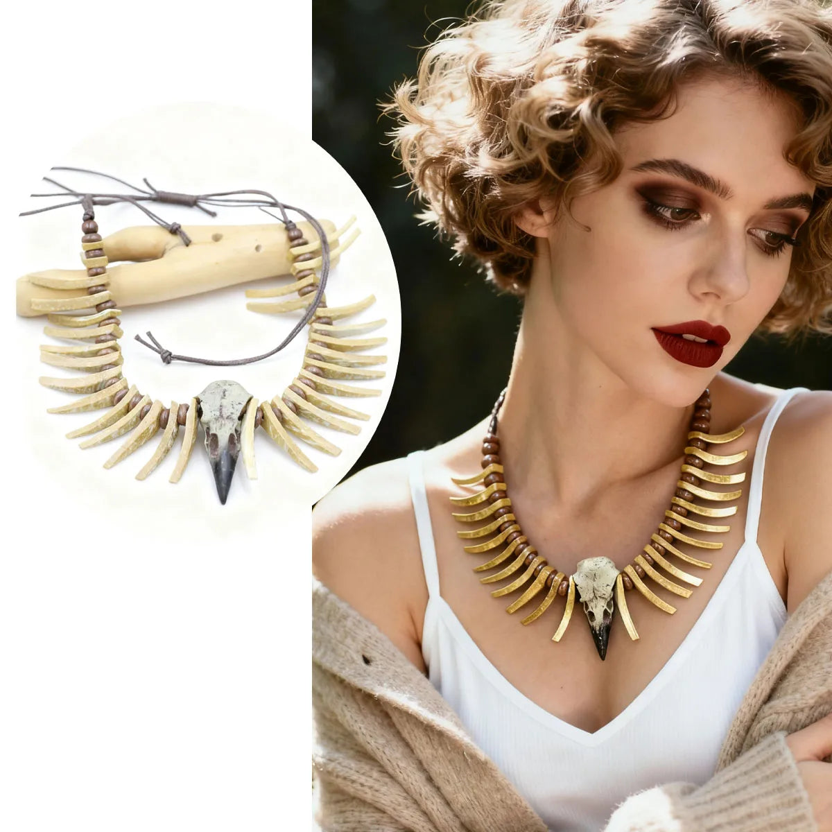 Collier avec pendentif tête de mort "Odin" et squelette en résine effet os