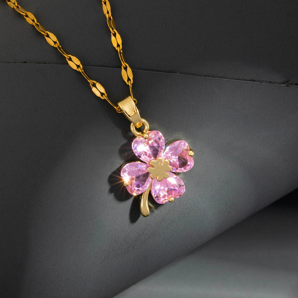 Collier avec Pendentif Trèfle à 4 Feuilles Coloré or et rose