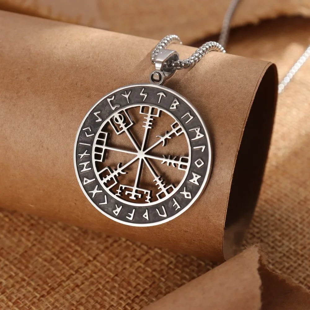 Colier Busolă Vegvisir Pandantiv Viking negru argintiu