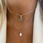 Collier Double avec Pendentif Oeil Bleu Turc et Main de Fatma argent