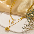 Collier Double Rang Pendentifs Coquillages Coquille Saint-Jacques et Etoile de Mer