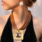 Collier en Cordes avec Pendentif Carré marron