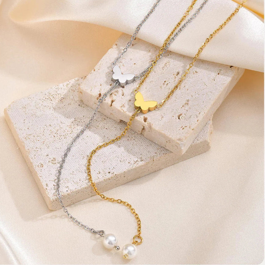 Collier en Y - chaîne de décolleté papillon pour femme argent