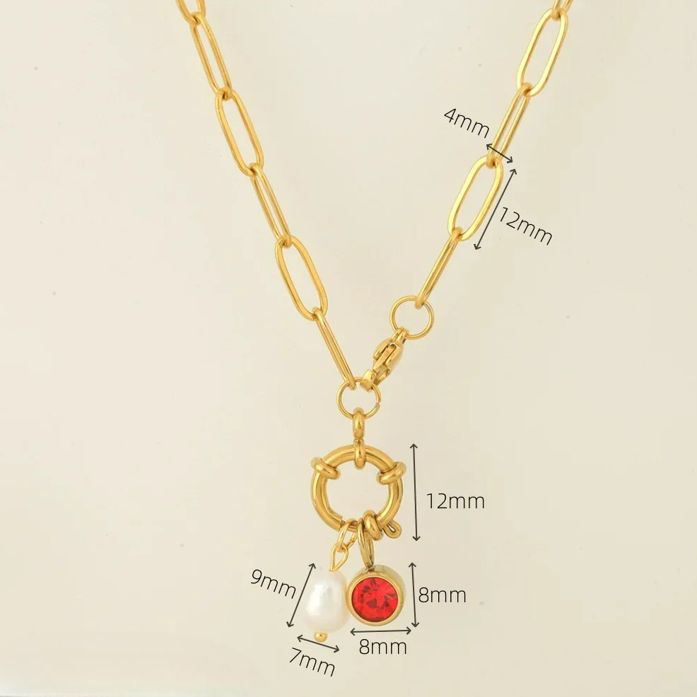 Link chain necklace with pearl pendant and birthstone