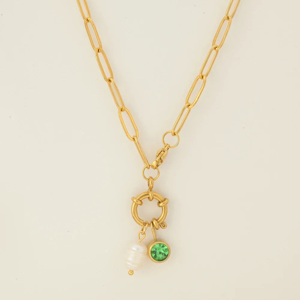Link chain necklace with pearl pendant and August birthstone