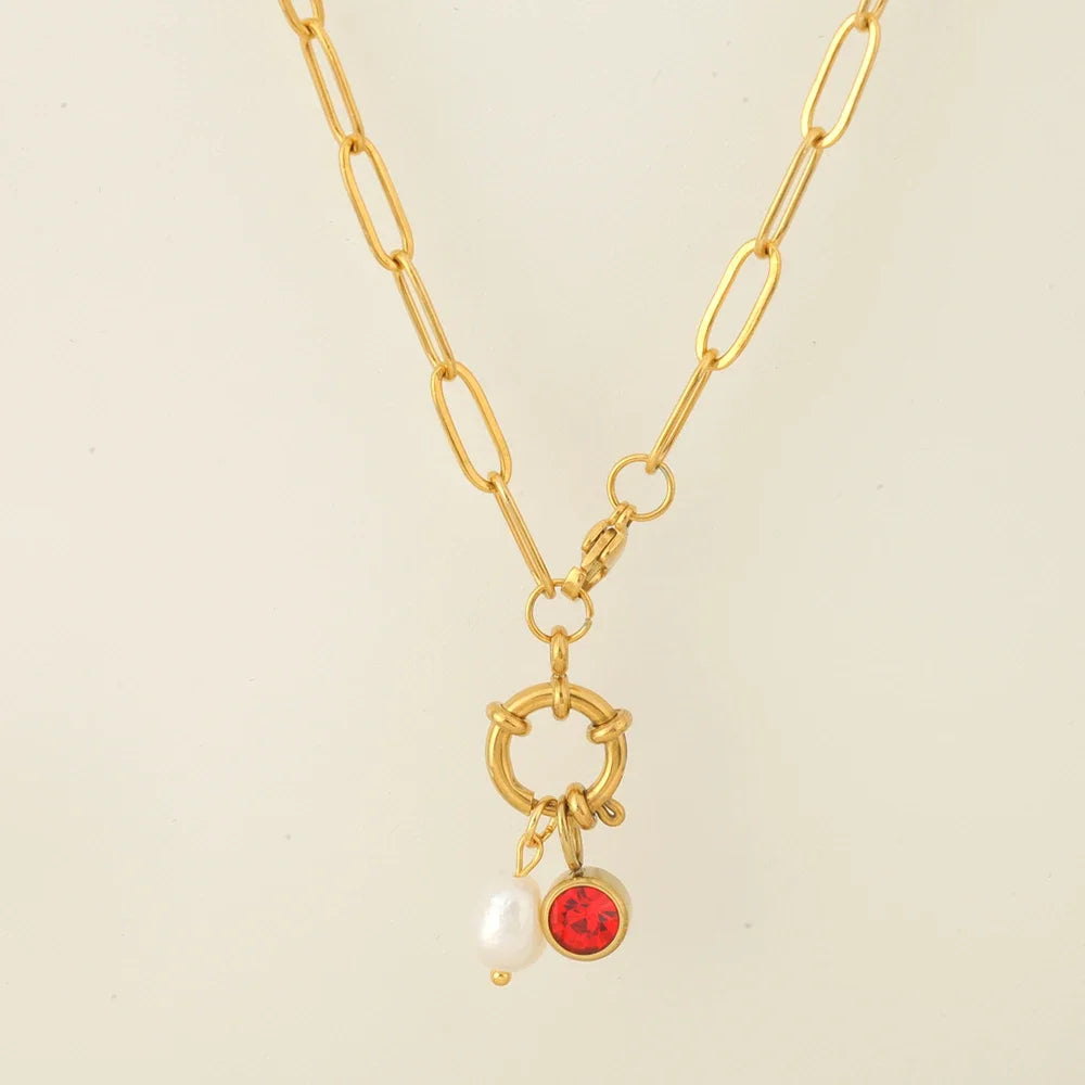 Link chain necklace with pearl pendant and January birthstone