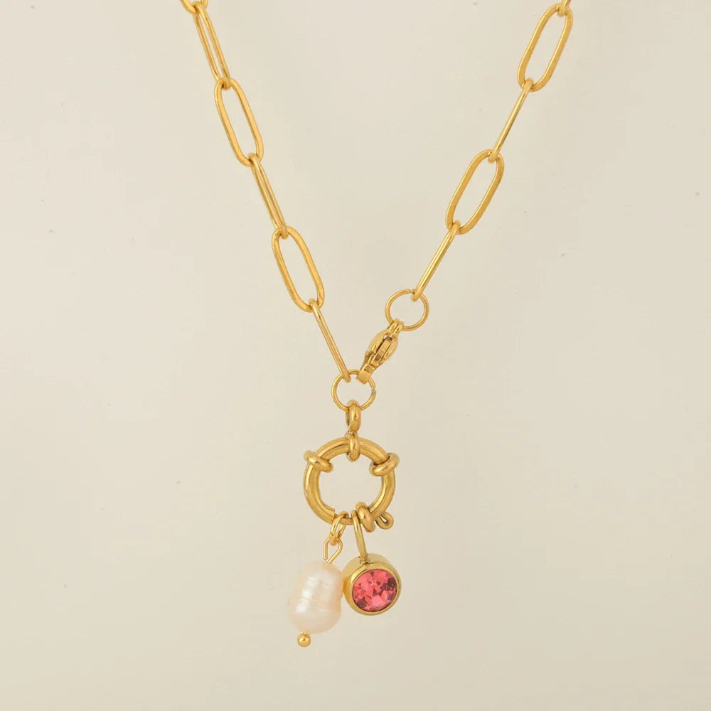 Link chain necklace with pearl pendant and July birthstone