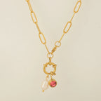 Link chain necklace with pearl pendant and July birthstone