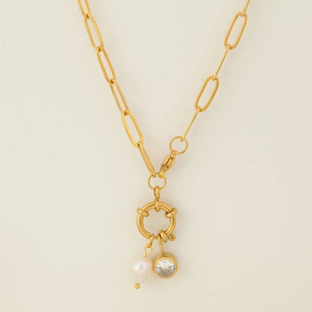 Link chain necklace with pearl pendant and March birthstone