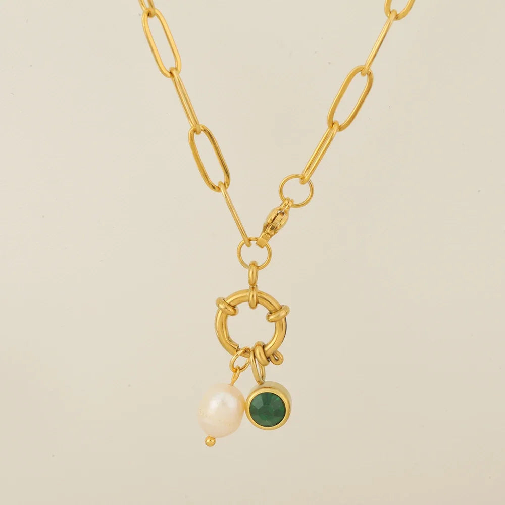 Link chain necklace with pearl pendant and May birthstone